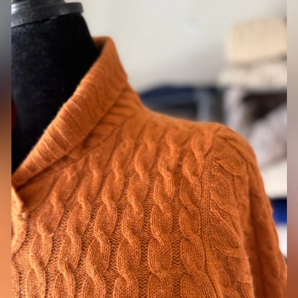 Cashmere Cable Knit Orange Sweater, Shawl Collar. Measures Small-Medium_13